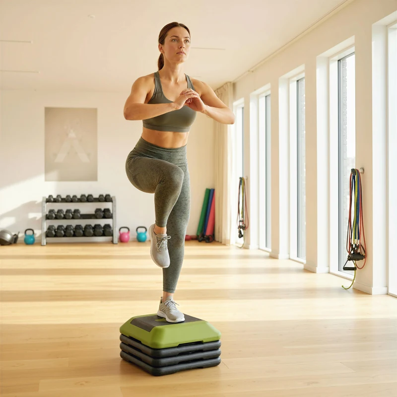 SPORTNOW Step Fitness Antiderrapante com Altura Ajustável de 10/15/20/25/30 cm Carga Máxima de 150 kg Verde