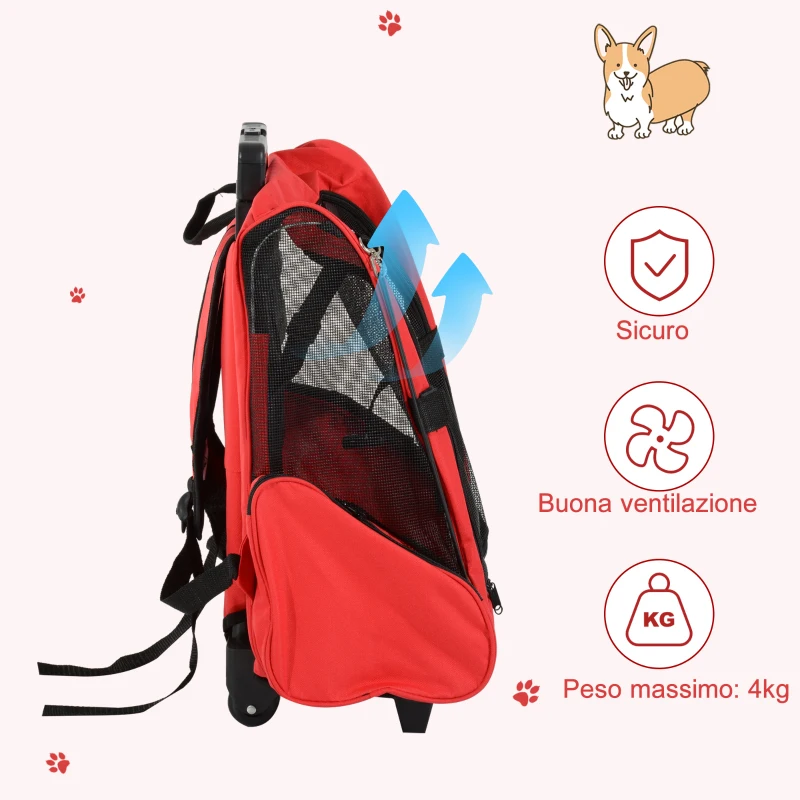 PawHut Trasportino Zaino 2 in 1 per Cani e Gatti con Tasche Laterali, Maniglia Telescopica e Ruote, 42x25x55cm, Rosso