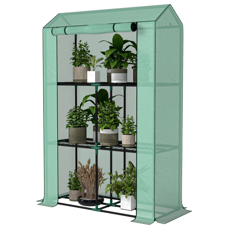 Outsunny Kas met 3-laags Schap, UV-resistente Plastic Afdekking, Oprolbare Deur, 100 x 40 x 150 cm, Groen