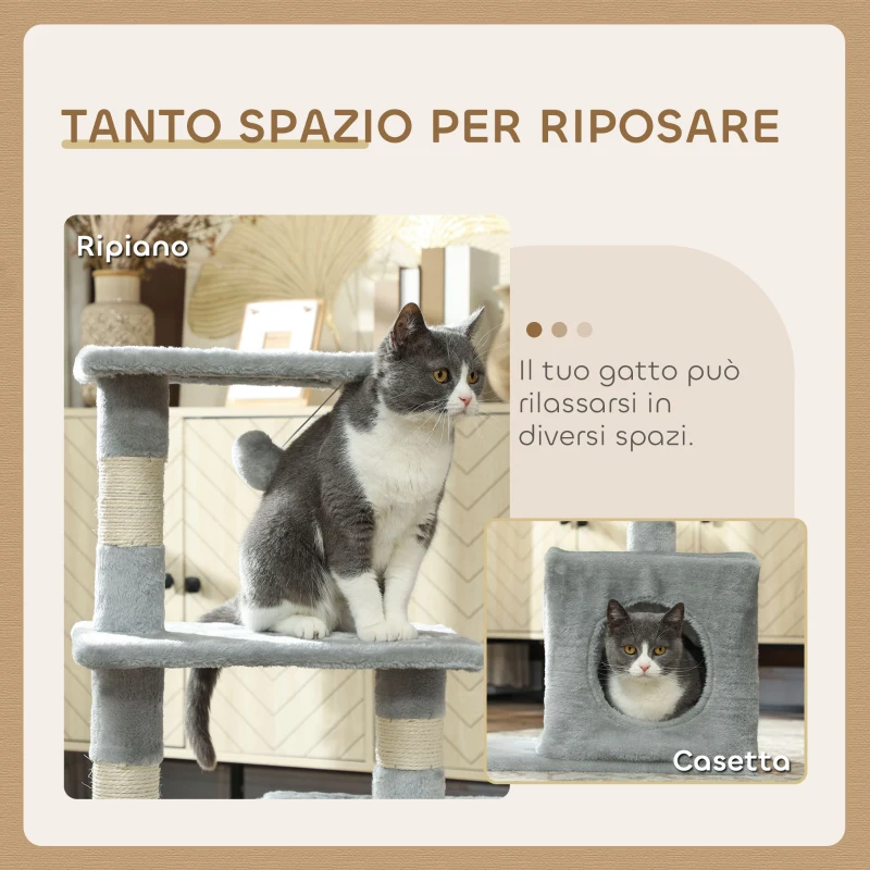 PawHut Tiragraffi per Gatti con Casetta, 2 Piattaforme e Pallina, in Legno, Sisal e Peluche, 50x30x81.5 cm, Grigio