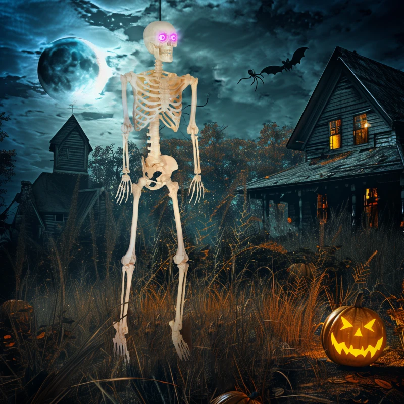 Outsunny Skelet Figuur, Halloween Decoratie, beweegbare Armen en Benen, Geluidsactivatie, gloeiende Ogen, Batterijvoeding, 152 cm, Metaal, Kunststof, Geel(m-9)