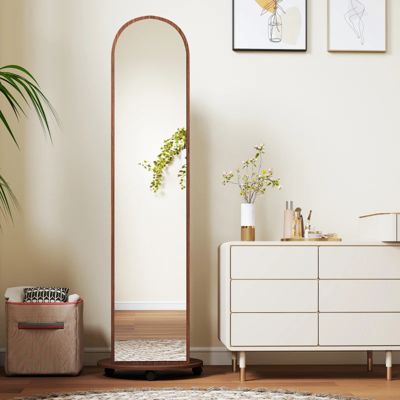 HOMCOM 2-in-1 Full Length Mirror with Storage Shelves, Floor Mirror with 4 Wheels, Coat Rack, Hooks, Brown Wood Effect