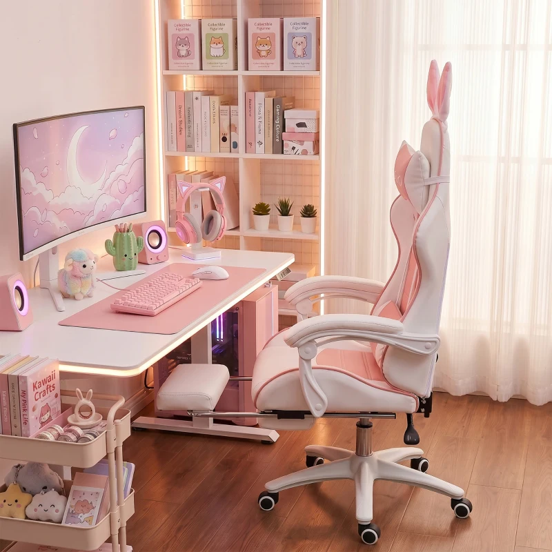 Vinsetto Cadeira Gaming Giratória de Couro PU com Altura Ajustável Inclinável 135° Apoio para a Cabeça 65x63x136-142 cm Rosa e Preto