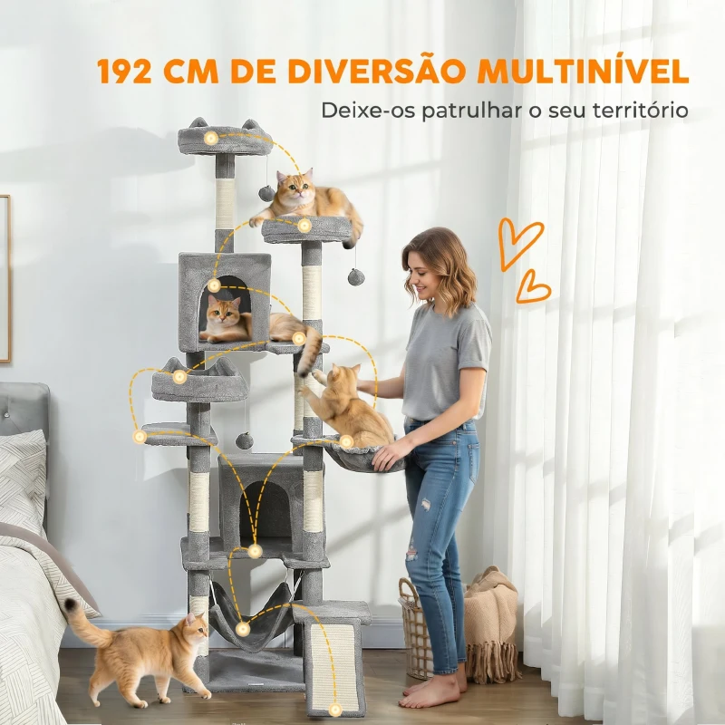 PawHut Árvore Arranhadora para Gatos 192 cm com 3 Camas, 2 Casinhas e 2 Redes, Cinzento-claro