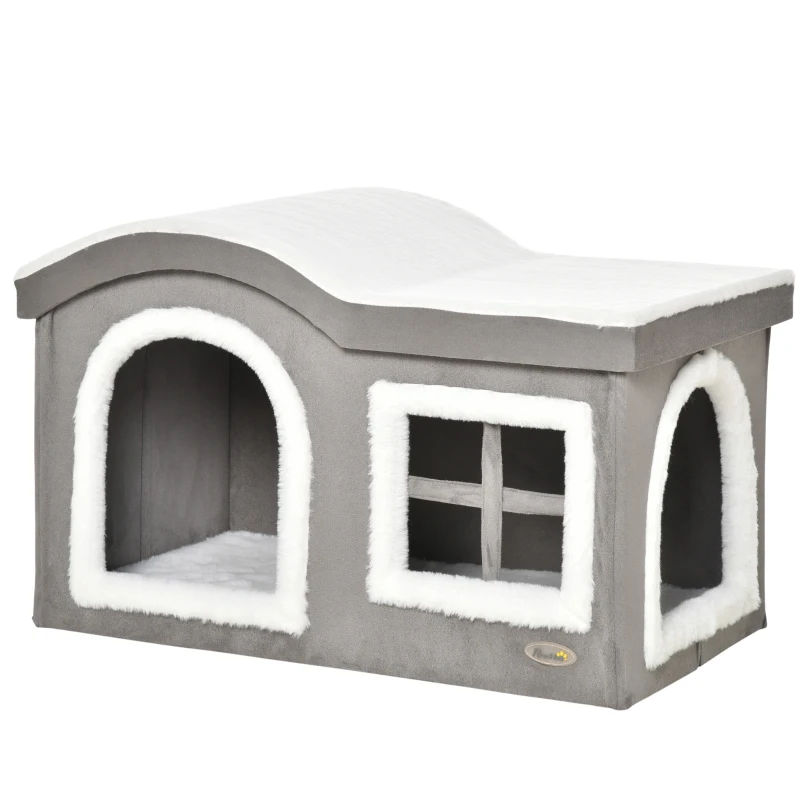 Pawhut Casetta per Gatti da Interno con 2 Entrate, Finestra e Base Antiscivolo, 63.5x37x40cm, Grigio