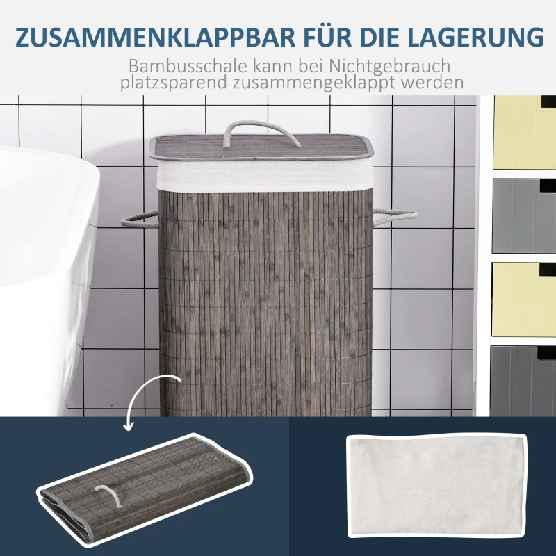 HOMCOM Wasmand met Handvatten en Wasbare Waszak, Rattan, Polyester, Katoen, Metaal, 43L x 32B x 61H cm, Grijs