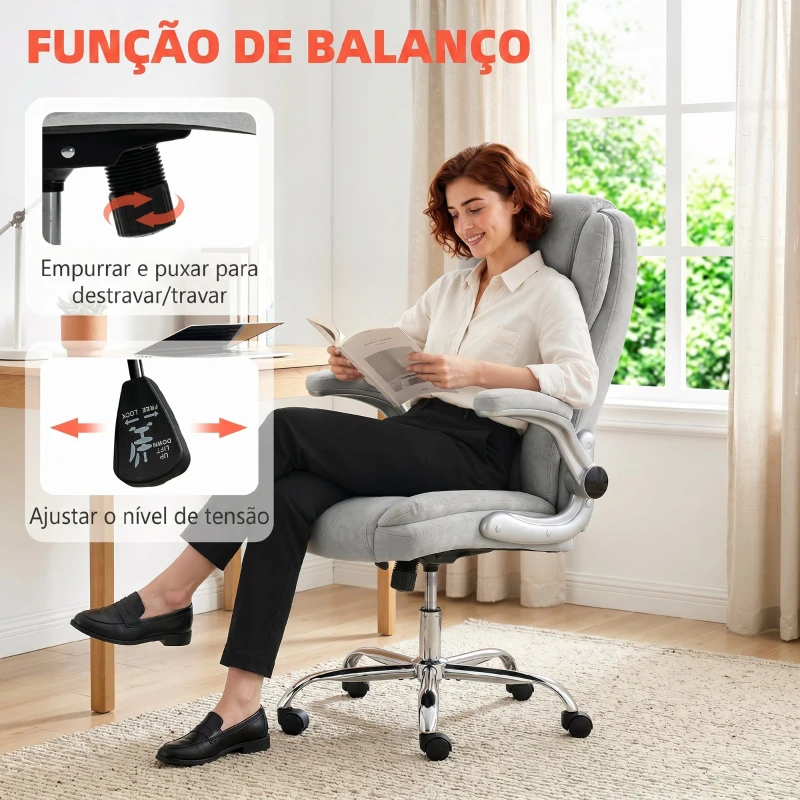 HOMCOM Cadeira de Escritório Apoios de Braços Rebatíveis Altura Ajustável Função Basculante e Estofada em Veludo 68x69x118 cm Creme