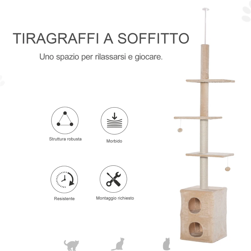 PawHut Tiragraffi a Soffitto Multilivello 220-245cm Palestra per Gatti con Cucce, Piattaforme e Corde in Juta, Giallo