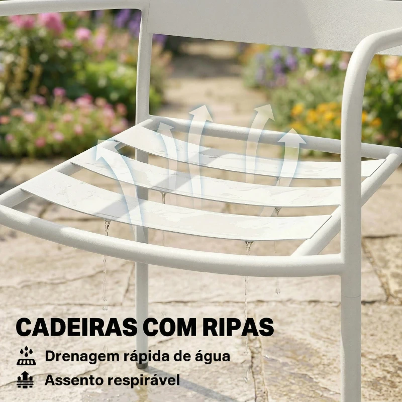 Outsunny Conjunto de Jardim com 3 Peças em Aço Galvanizado com 2 Cadeiras e Mesa de Vidro Temperado Branco