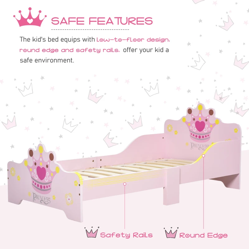 HOMCOM Kids Toddler Bed Princess Crown Theme Safety Side Rails Slats Home Bedroom Furniture Boys Girls 3-6 Years Pink 143 x 73 x 60 cm