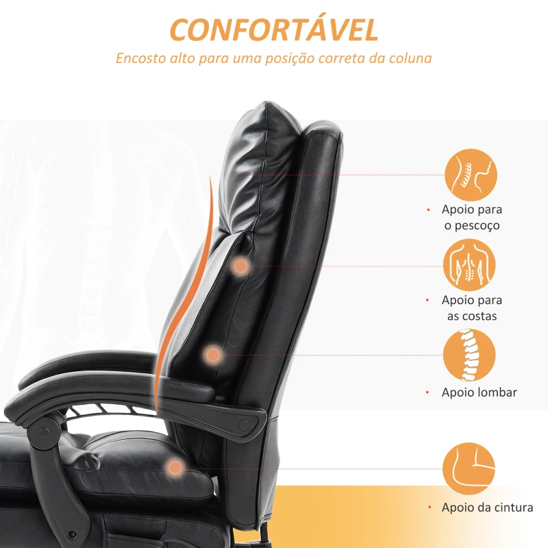 HOMCOM Cadeira de Escritório com Suporte Lombar Inflável Estofada em PU e Encosto Reclinável 65x76x113-121 cm Preto