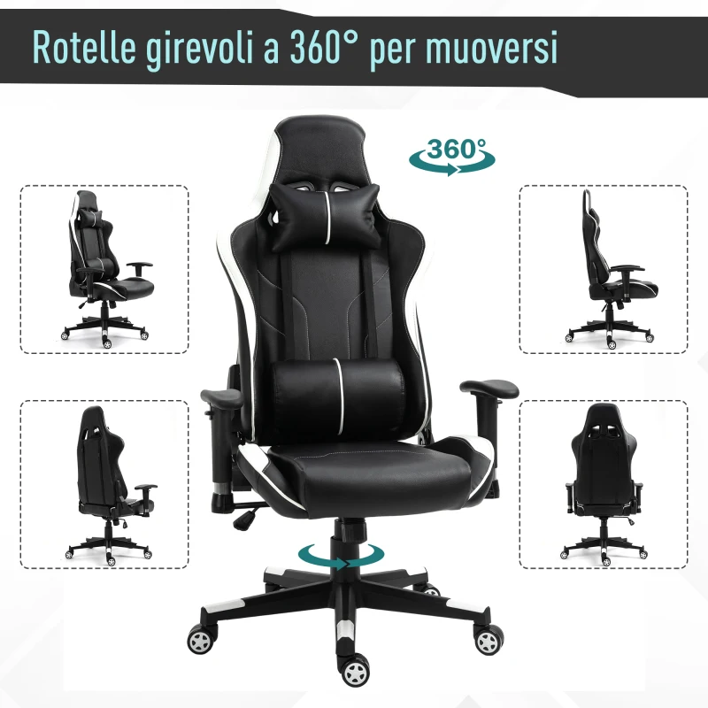 Vinsetto Poltrona da Gaming con Altezza Schienale Regolabile, Sedia Ufficio con Poggiatesta e Cuscino Lombare Nera e Bianca