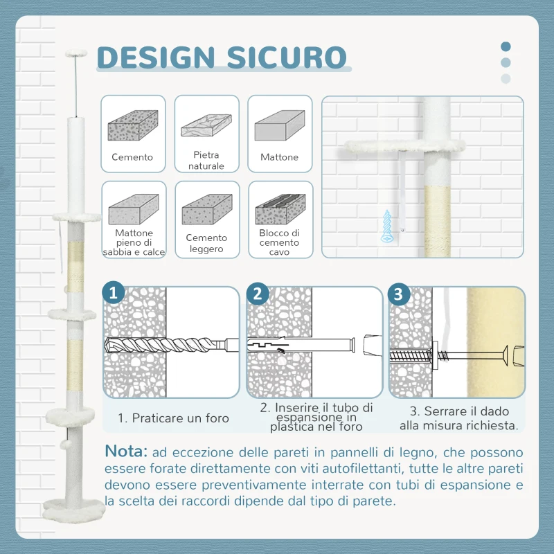 PawHut Albero per Gatti a Soffitto con Altezza Regolabile e Pali Tiragraffi in Sisal, 48x32x225-255 cm, Bianco