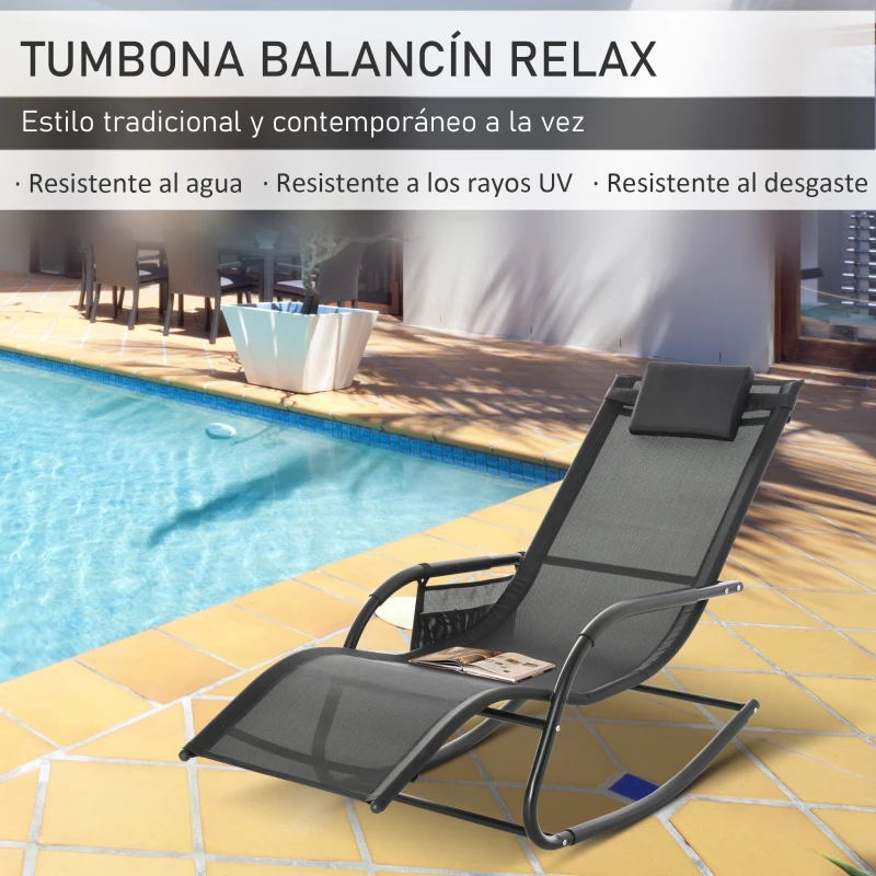 Outsunny Mecedora de Exterior Tumbona Mecedora con Reposabrazos Reposacabezas Acolchado y Bolsillo Lateral 150x62x88 cm Negro