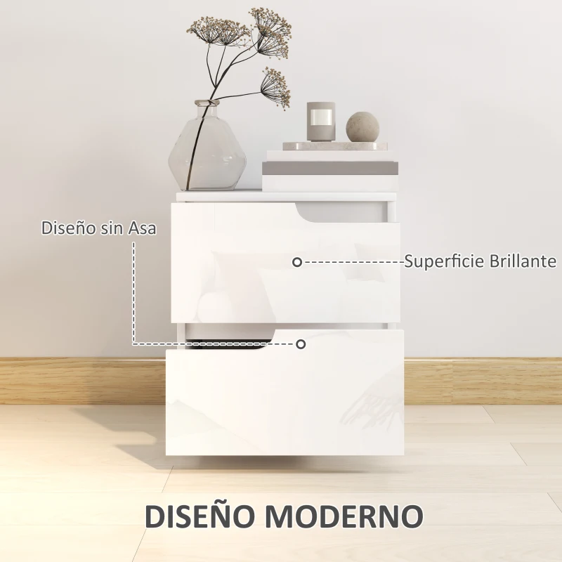 HOMCOM Mesita de Noche Moderna Mesilla de Noche con Cajones con Frontal Blanco Brillante y Almohadilla 40x40x48 cm Blanco