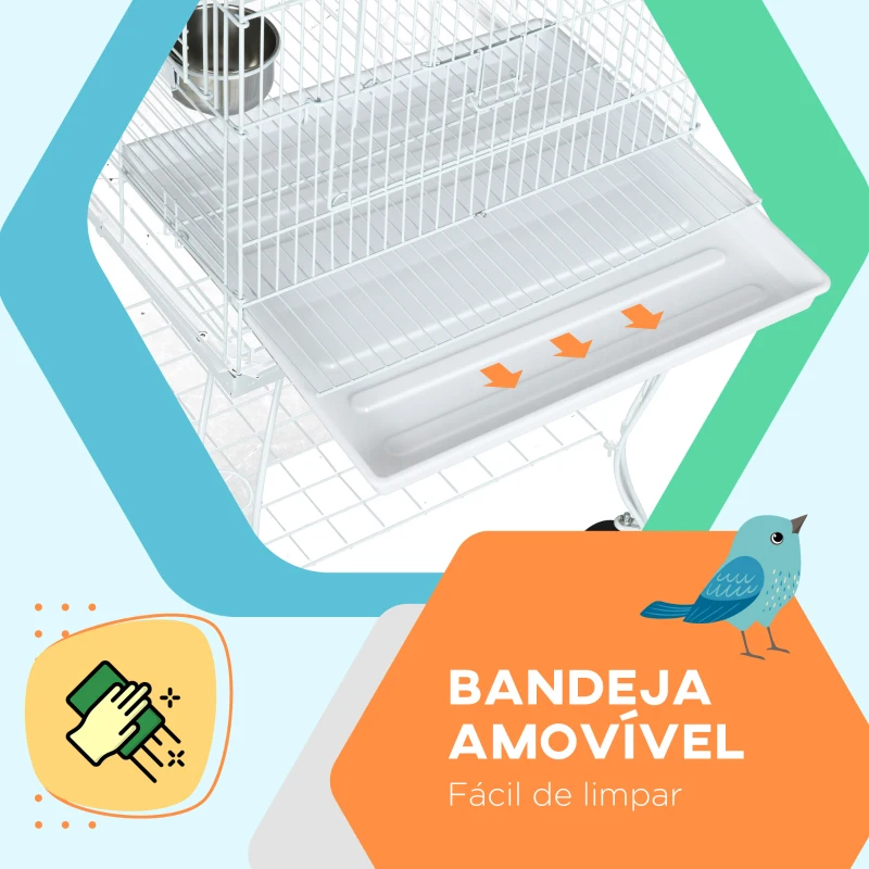 PawHut Gaiola para Pássaros com Rodas Bandeja Amovível Prateleira 2 Comedouros de Aço Inoxidável e Poleiro 51x51x153 cm Branco