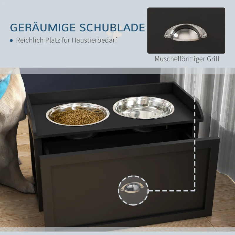 PawHut voederstation, 2 kommen van elk 2 L, roestvrij staal, met lade, voor grote honden, zwart+zilver, 60 x 30 x 36 cm(m-5)