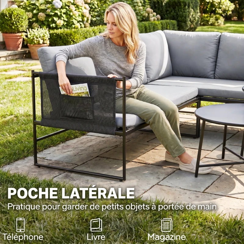 Outsunny Salon de Jardin Extérieur 5 Pièces, 2 Canapés, 2 Tables, 1 Chaise, Pochette de Rangement, 182x167x65cm, Gris Foncé