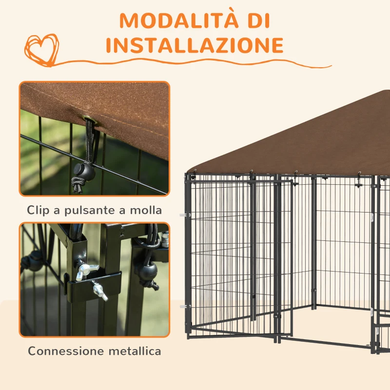 PawHut Recinto per Cani in Metallo e Tessuto Oxford con Porticina per Ciotole, 211x141x151 cm, Nero e Marrone