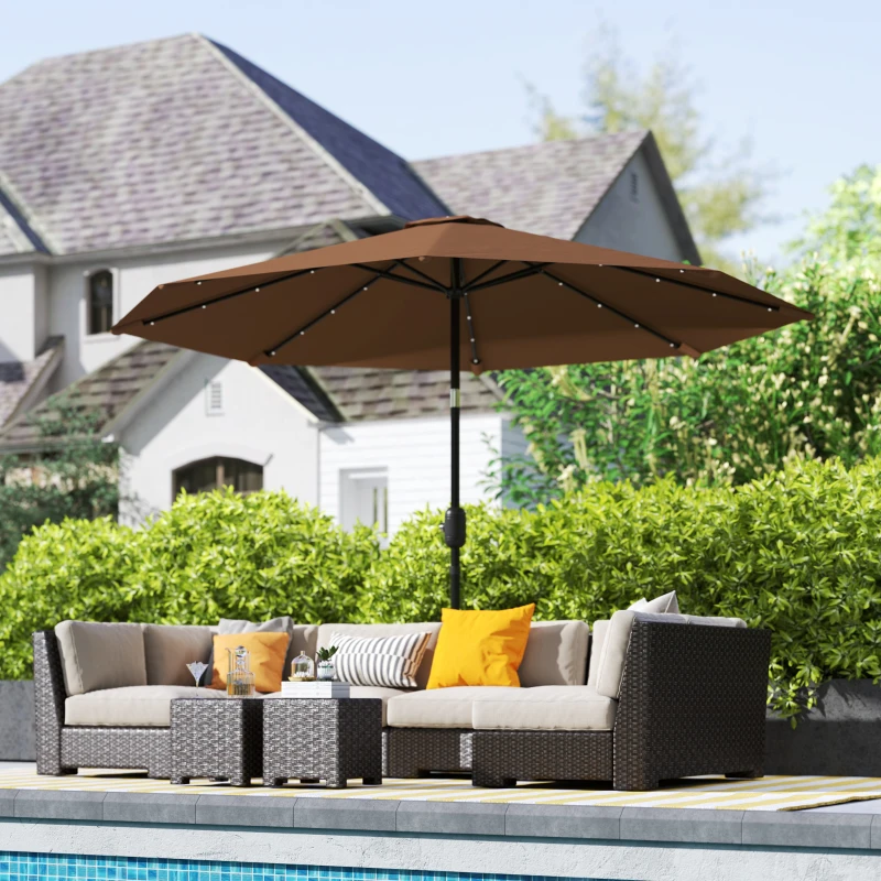 Outsunny Chapéu de Sol Exterior para Terraço, Ø265 cm, Guarda-Sol de Jardim com 32 Luzes LED Solares, Poste de Aço e Manivela de Sombrinha Inclinável, para Pátio, Terraço, Café