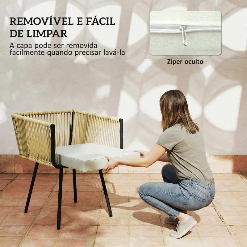 Outsunny Conjunto de Refeição Jardim de 5 Peças Mesa de Refeição com Imitação de Madeira e 4 Cadeiras com Almofadas Bege e Madeira