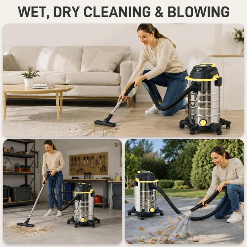HOMCOM 1400W Vacuum Cleaner, 3-in-1 Wet and Dry Vacuum Cleaner with Blowing Mode and 30L Stainless Steel Tank, Yellow