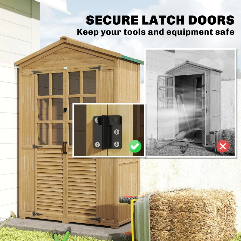 Outsunny Outdoor Wooden Storage Cabinet, Garden Tool Shed with Acrylic Windows for Patio, Light Brown
