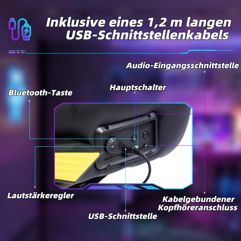 Vinsetto Gaming Stuhl mit Schaukelfunktion und Lautsprecher, Lenden- und Nackenstütze, für Spielzimmer, Kunstleder, Gelb+Schwarz