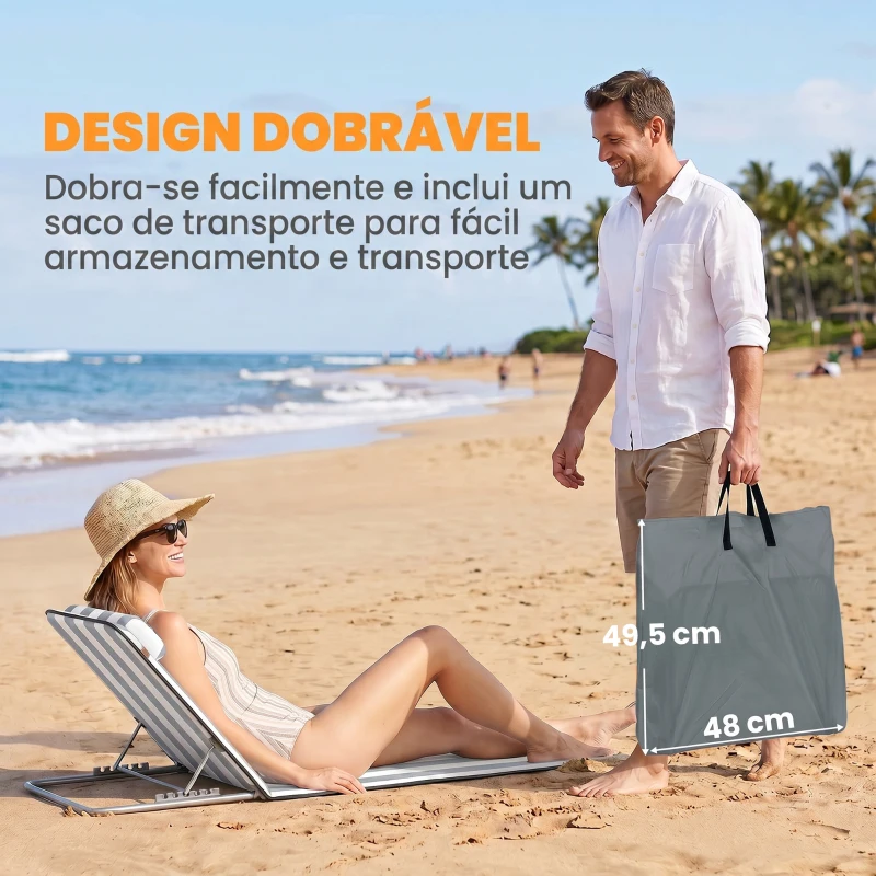 Outsunny Conjunto de 2 Esteiras de Praia com Encosto Reclinável em 5 Níveis Bolsa de Transporte e Apoio de Cabeça 48x134x33-43 cm Branco e Cinzento