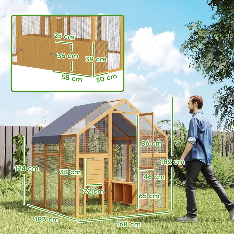 PawHut Kippenhok 3,07㎡ Buitenverblijf Hout met Waterdichte Afdekking, Veiligheidsslot, Geschikt voor 6-8 Kippen 1,7 x 1,8 x 1,8 m