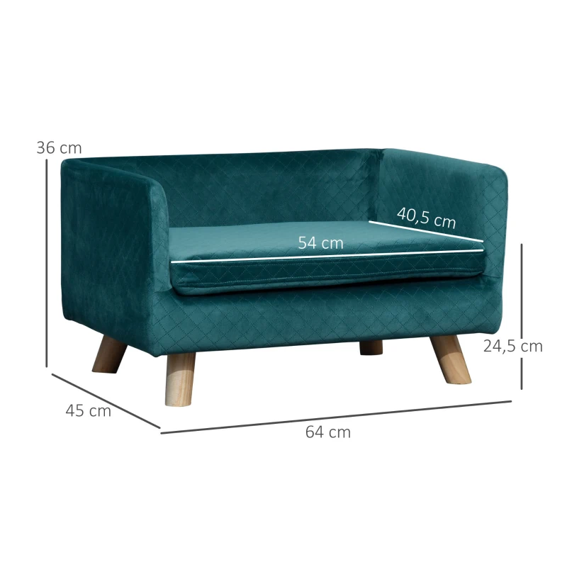 PawHut Canapé chien lit pour chien design scandinave coussin moelleux pieds bois massif dim. 64 x 45 x 36 cm velours bleu canard