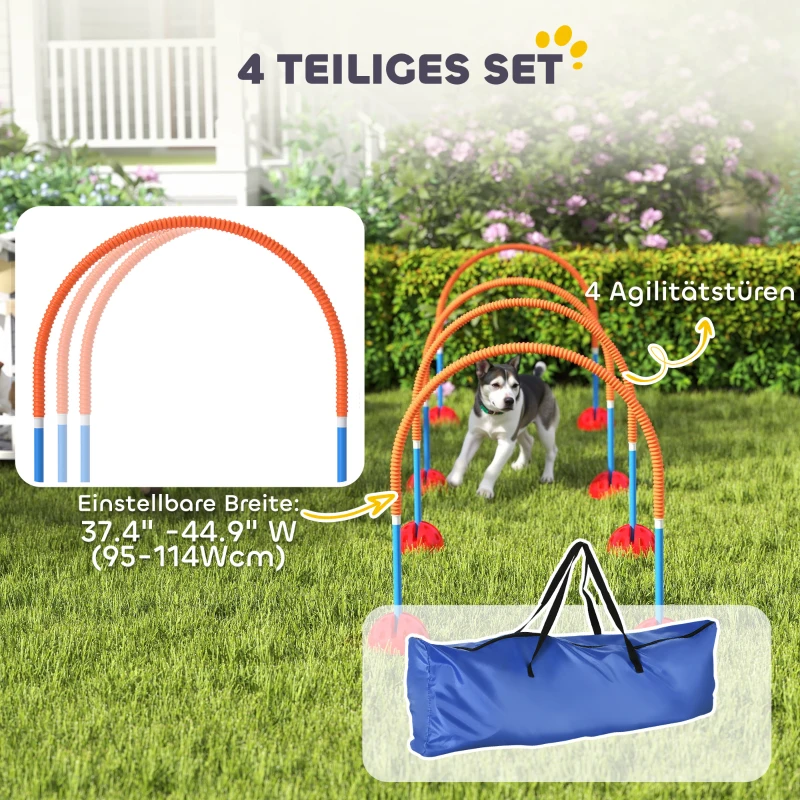 PawHut 5-Delig Honden-Agility-Trainingsapparaat met 4 In Breedte Verstelbare Deuren, Draagtas, Voor Tuin, Blauw
