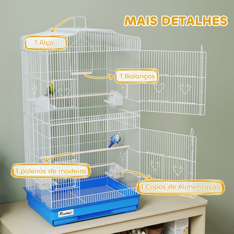 PawHut Gaiola para Pássaros Gaiola Metálica com 4 Tigelas de Comida 3 Poleiros Baloiço e Bandeja Removível Pega 46,5x35,5x92 cm Azul