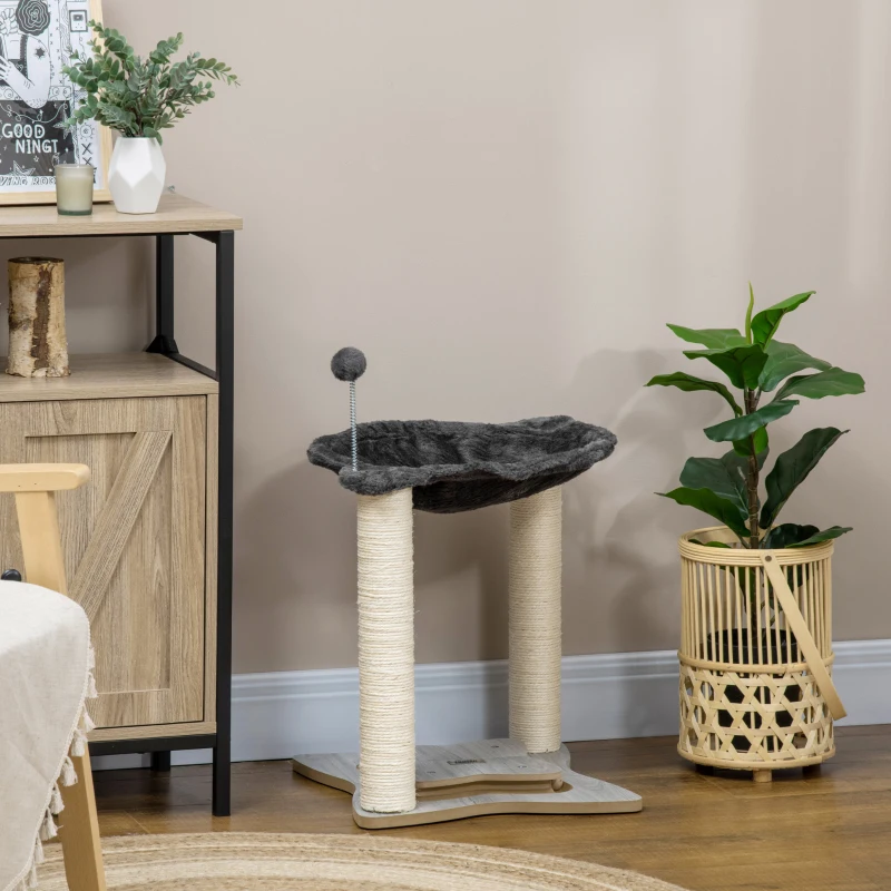 PawHut Tiragraffi per Gatti con Amaca in Peluche, Base in Legno con Gioco e Pali in Sisal, 53.55x53.5x66cm, Grigio
