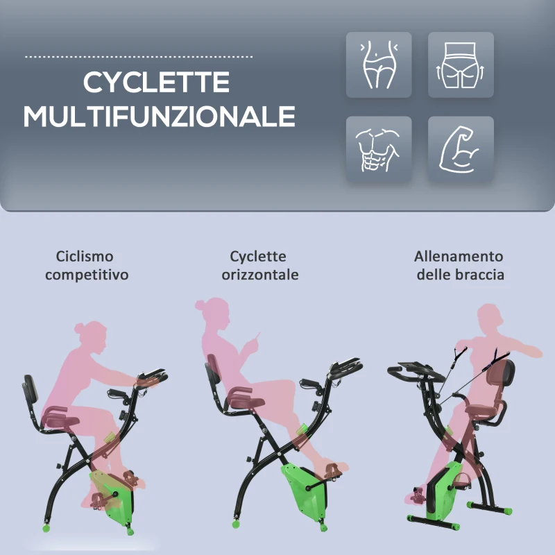 HOMCOM Cyclette Pieghevole 2 in 1, Resistenza Magnetica Regolabile 8 Livelli, Cyclette da Casa Silenziosa con Sensore Cardiaco, Sedile Regolabile, Bande Elastici, Schermo LCD, Ruote, Verde