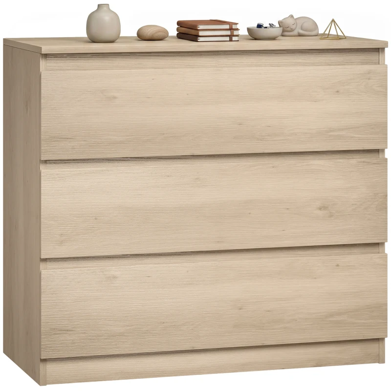 HOMCOM 3-Drawer Storage Organiser Unit, Chest of Drawers for Bedroom, Living Room, 80 x 39 x 73cm, Oak