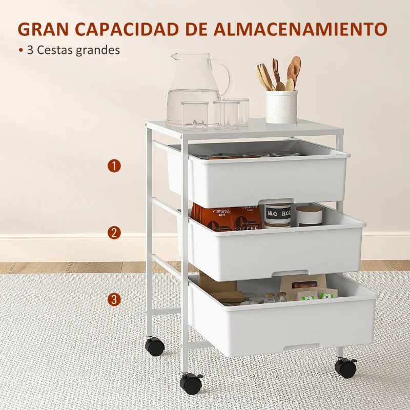 HOMCOM Carrito Auxiliar con Ruedas con 3 Cestas para Almacenamiento y Marco de Acero para Cocina Baño 40,8x33,5x60,5 cm Blanco