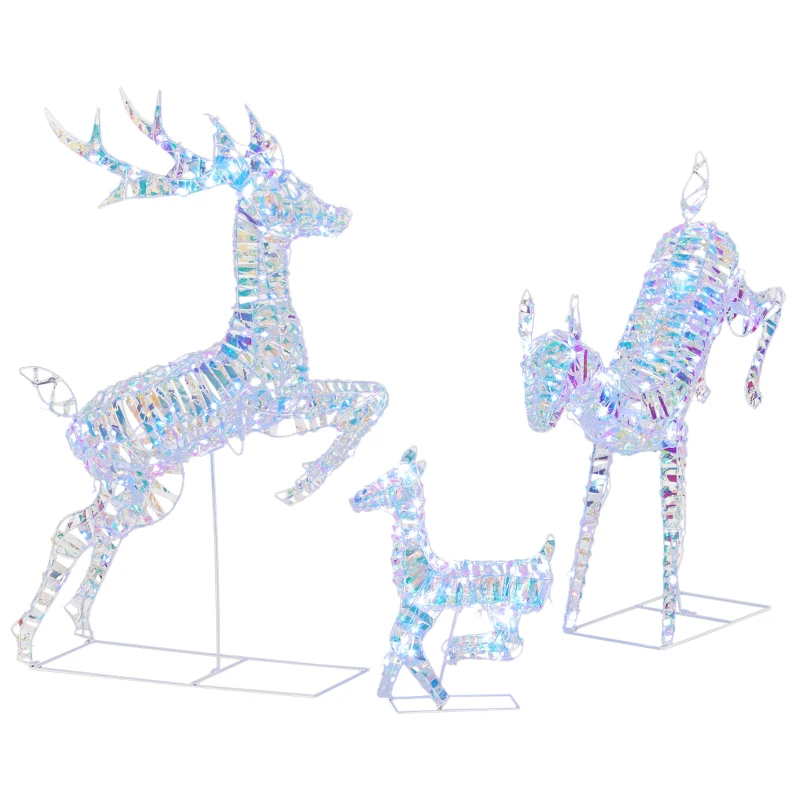Outsunny 3-Piece Lighted Reindeer Family Set, Iridescent Outdoor Christmas Decoration, Deer Family with 8 Modes, Daily Timer