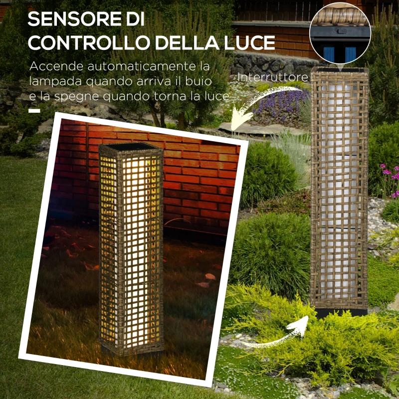 Outsunny Lampada Solare da Giardino con Pannello di Ricarica, in Acciaio e Rattan, 15.5x15.5x69 cm, Nero e Marrone