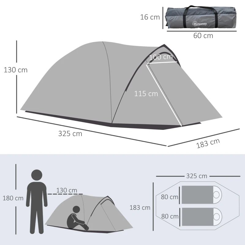 Outsunny Tenda da Campeggio 2 Posti con Vestibolo, Finestre Traforate e Porte con Cerniera, 325x183x130 cm, Grigio