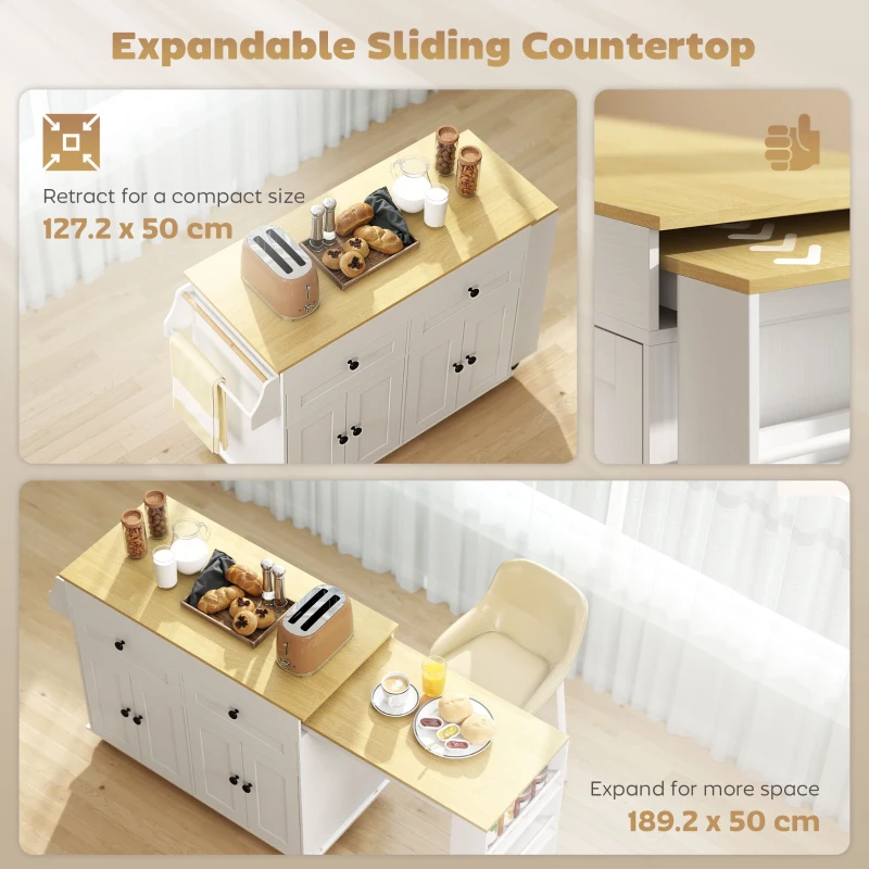 HOMCOM Rolling Kitchen with Expandable Top, Kitchen Island on Wheels with USB Ports & Power Outlets, Storage, White