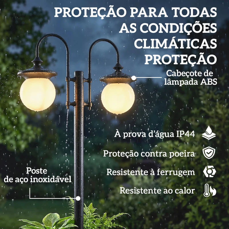 Outsunny Candeeiro Solar de Exterior com Vaso 2 Cabeçais Impermeável IP44 Ligação Automática Altura Ajustável