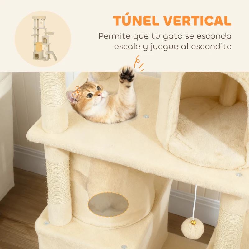 PawHut Árbol Rascador para Gatos Grande Altura 170 cm con 7 Postes 1 Túnel 3 Plataformas 2 Cuevas 1 Hamaca Beige