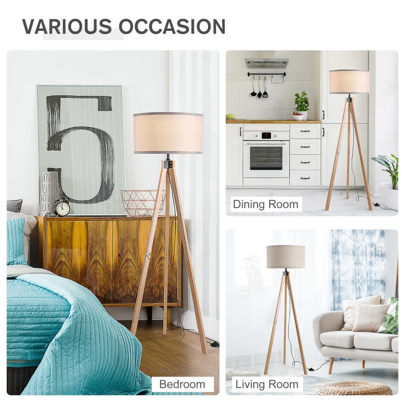 HOMCOM Lampada da Terra con Treppiede e Paralume in Lino Beige per Soggiorno, Compatibilità Lampadine E27, Ф45 x 152cm