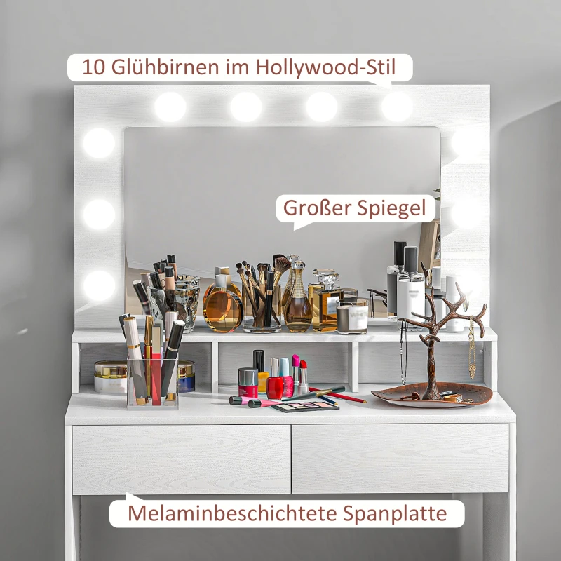 HOMCOM Kaptafel met verlichte spiegel, Laden, 3 Lichtopties, 10 Gloeilampen, Moderne Kaptafel in Wit(m-6)