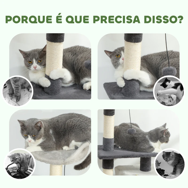 PawHut Arranhador para Gatos com Plataformas Caverna Postes Arranhadores Tapete de Sisal e Bolas 48x40x85 cm Cinzento Claro e Preto