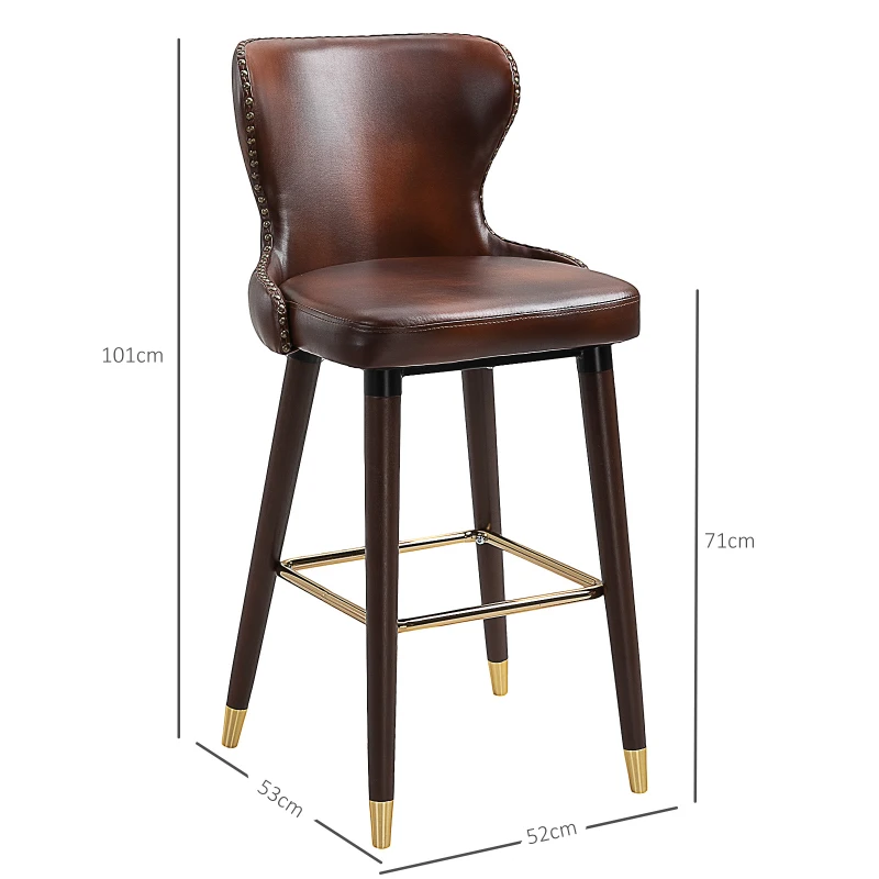 HOMCOM Set 2 Sgabelli da Bar Alti in Stile Industriale con Schienale e Poggiapiedi, Seduta in Finta pelle e Gambe in Legno, Sgabelli Vintage per Cucina e Ristorante, 52x53x101cm