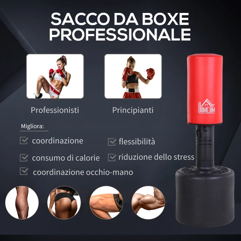 HOMCOM Sacco da Boxe da Terra Pesante con Altezza Regolabile (145-172cm) , Sacco da Boxe Pieno Base da Riempire con Acqua (100kg) Sabbia (120kg)