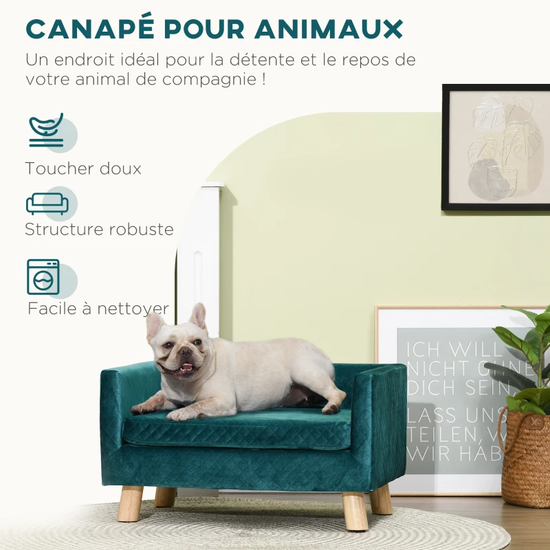 PawHut Canapé chien lit pour chien design scandinave coussin moelleux pieds bois massif dim. 64 x 45 x 36 cm velours bleu canard