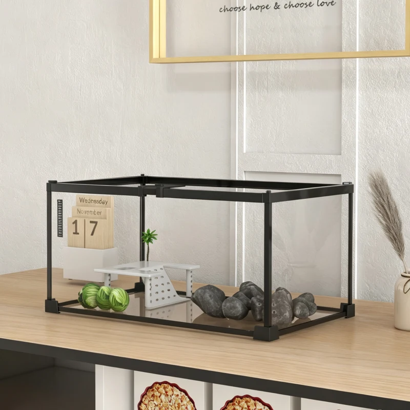 PawHut Aquarium pour Tortues avec Plateforme de Repos, Couvercle Coulissant en Filet, Thermomètre, 50x30x25cm, Blanc